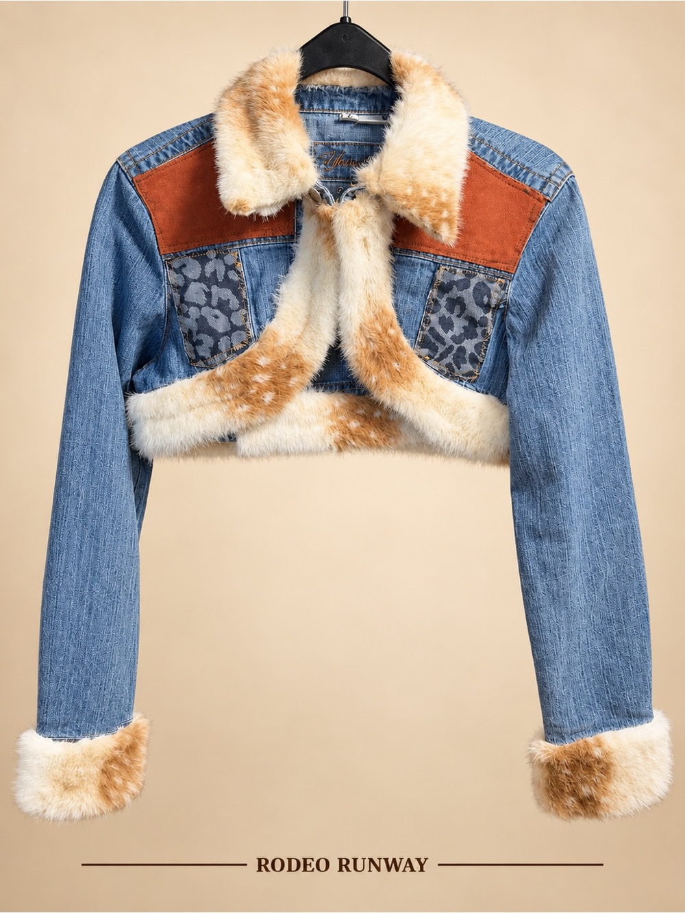 Faux Fawn prom trimmed denim bolero jacket.  Denim leopard and rust suede.  OOAK